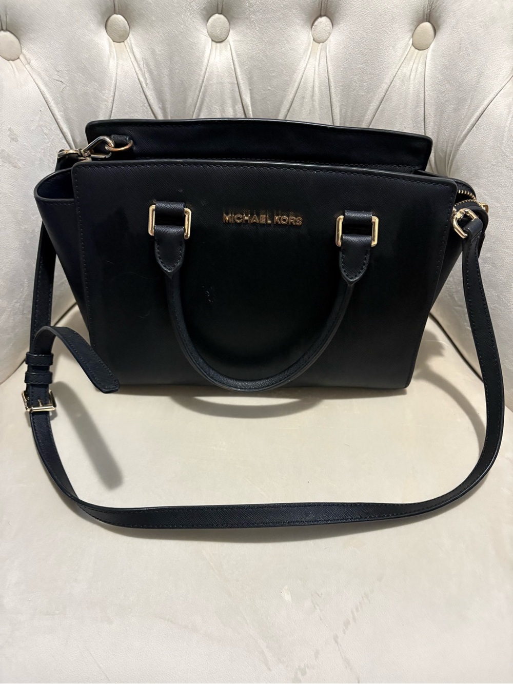 Michael Kors Black Saffiano Leather Top-Handle Satchel with Gold Hardware